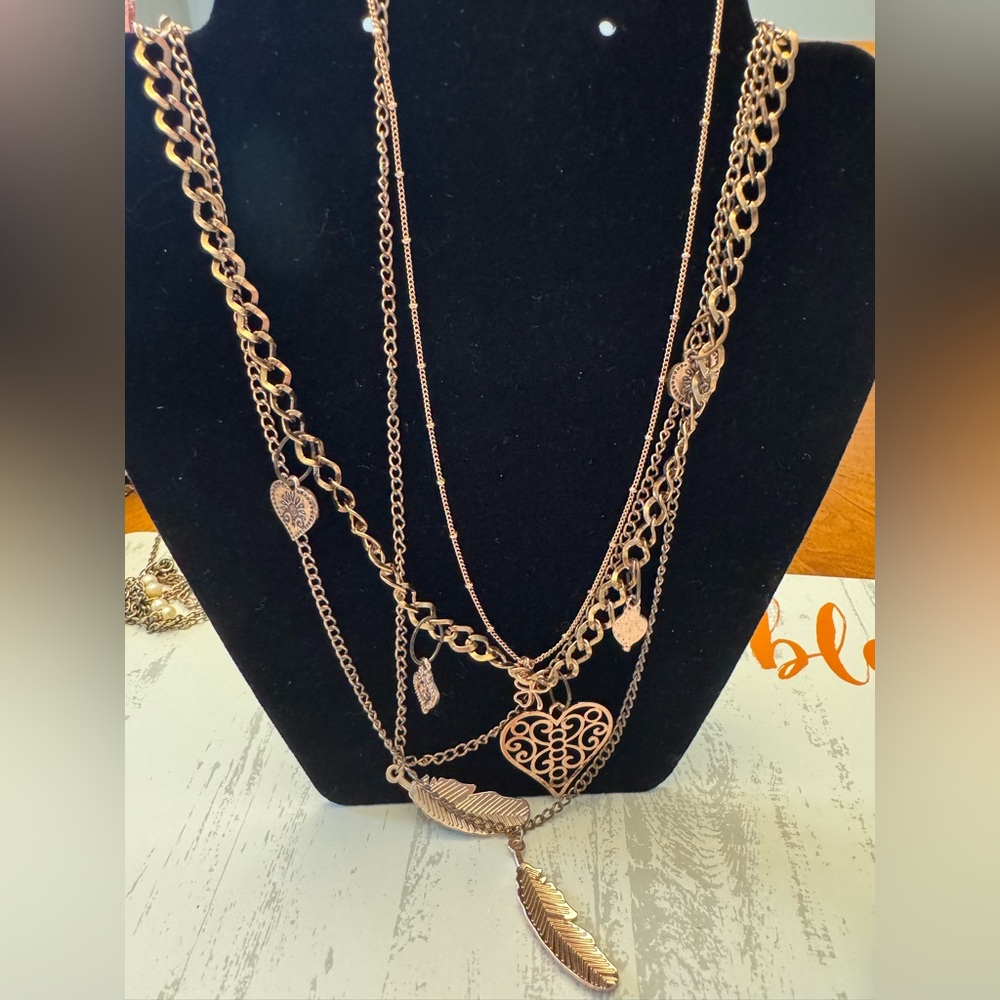 Vintage set of 4 Rose Gold-Tone Symbol Necklaces Shamrock hearts feathers